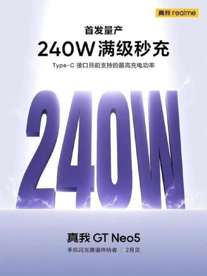 2月9日见!真我GT Neo5首发240W满级秒充:手机闪充进入读秒时代