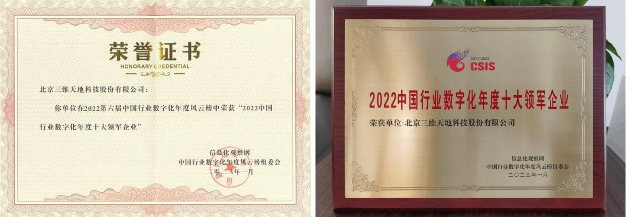 激荡创新之力,赋能数字中国 | 三维天地荣膺2022中国行业数字化年度十大领军企业