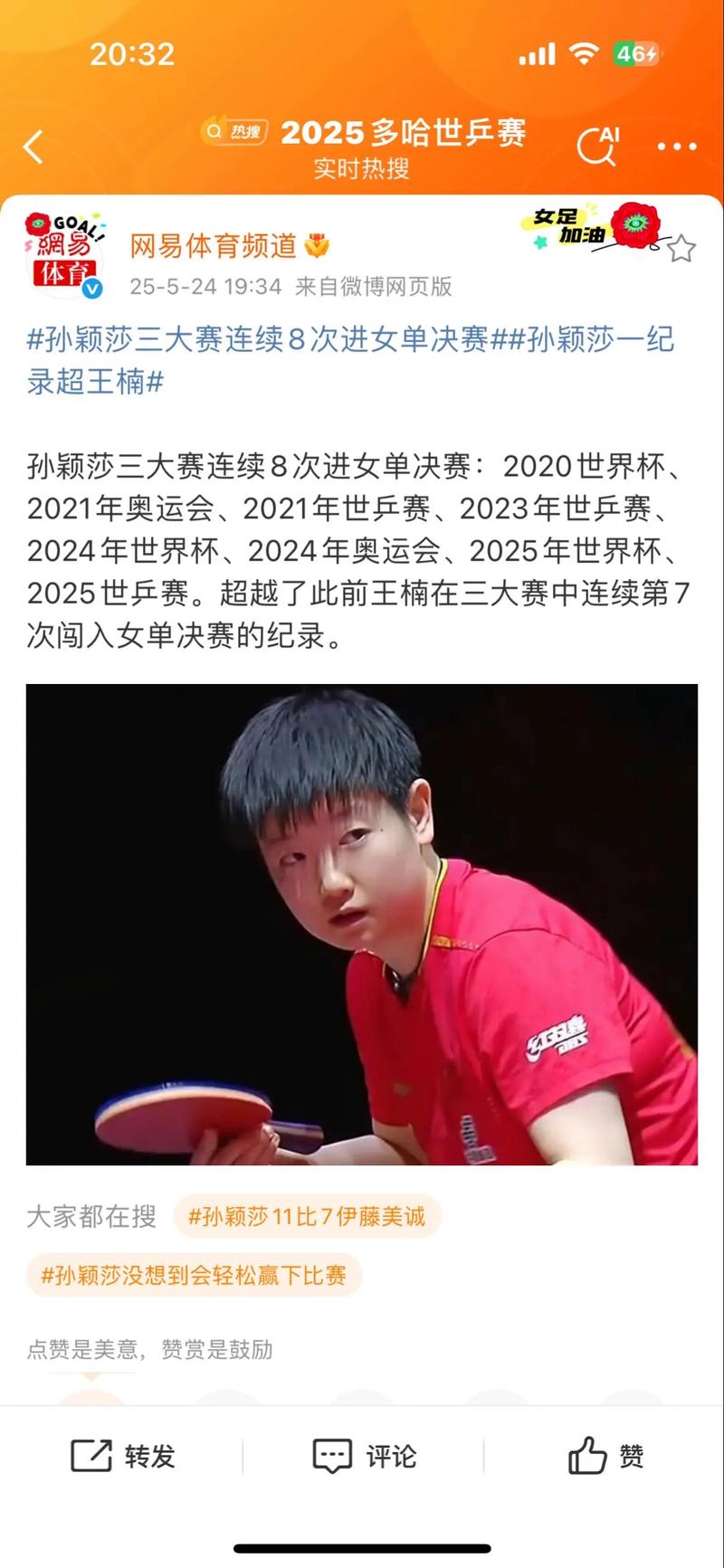 孙颖莎回应对伊藤美诚11连胜