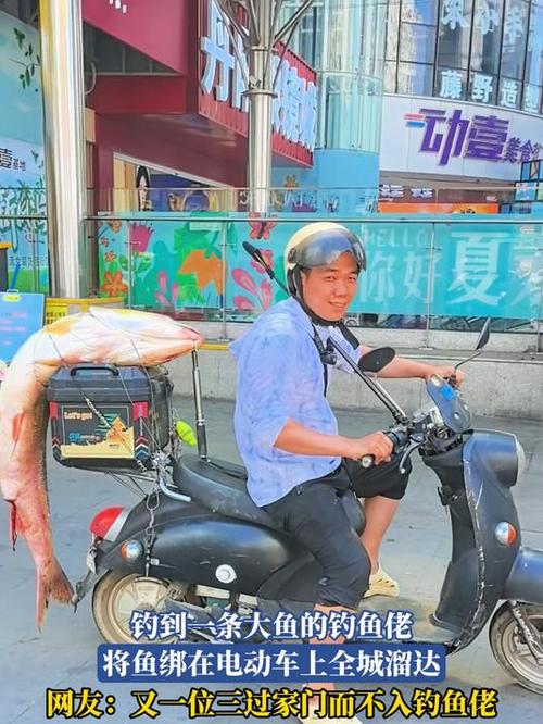 男子电动车后绑60斤大鱼遛街展示