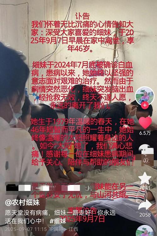 博主“农村细妹”突发脑溢血去世