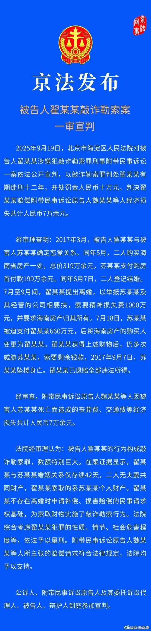 翟欣欣获刑12年 曾索要千万逼死前夫