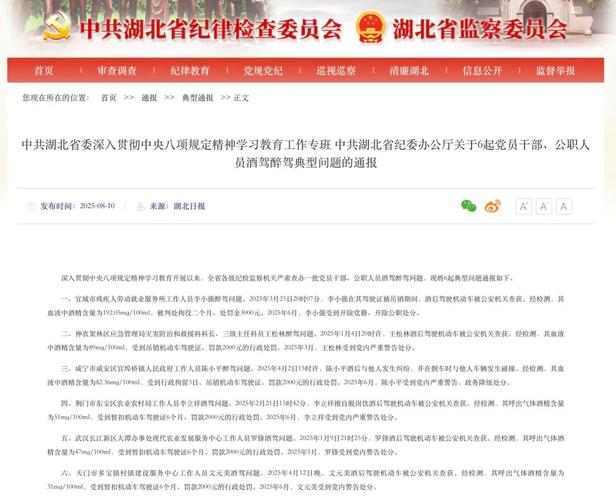 湖北通报5起公职人员酒驾醉驾问题