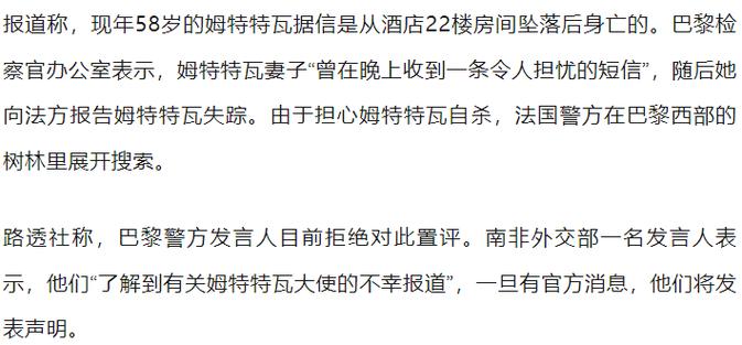 南非驻法大使跳楼前发诀别短信