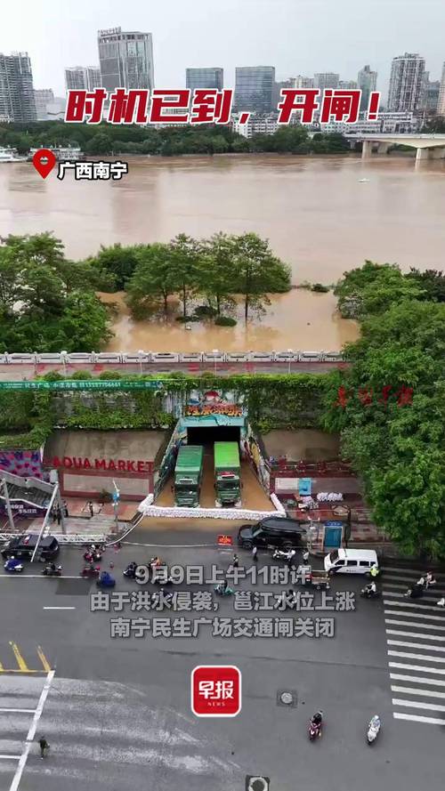 南宁邕江水位上涨 江面与路面持平