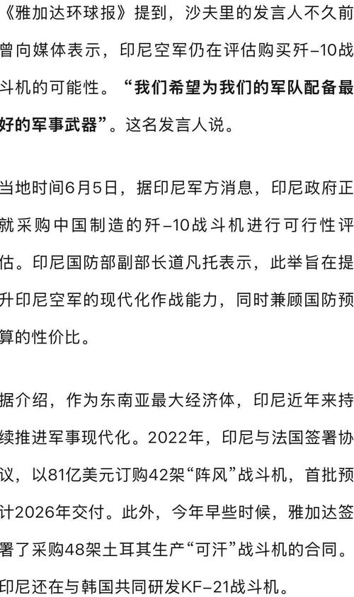 印尼防长:将采购中国歼-10战机
