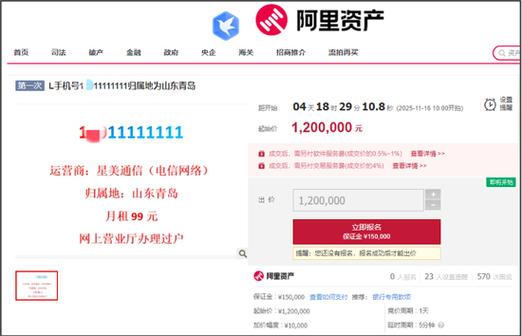 “1*11111111”手机号120万元起拍